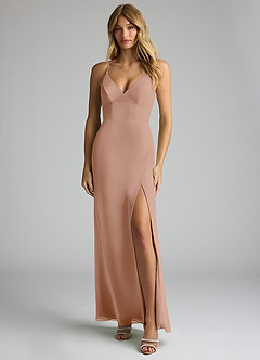 Azazie Becca Bridesmaid Dresses Champagne Rose Sheath V-Neck Chiffon Dress image1