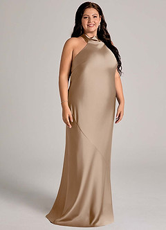 Azazie Velli Bridesmaid Dresses Taupe Mermaid High Neck Stretch Satin Dress image9