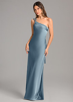 Azazie Monroe Bridesmaid Dresses Dusty Blue Mermaid One Shoulder Stretch Satin Dress image3