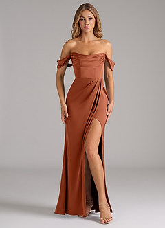 Azazie Johana Robes de demoiselle d'honneur Robe Sirène Convertible en Satin extensible Épaule décolletée Rose De Cèdre image3