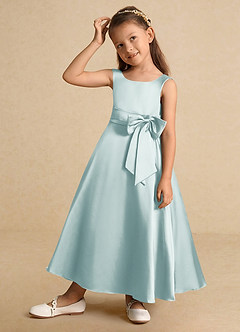 Azazie Lindy Flower Girl Dresses Sea Glass A-Line Pleated Matte Satin Dress image4