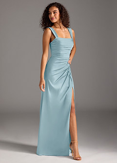 Azazie Jesaphine Bridesmaid Dresses Moody Blue Sheath Bow Stretch Satin Dress image7
