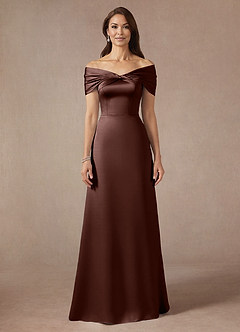 Azazie Amelia Mother of the Bride Dresses Espresso A-Line Off the Shoulder Stretch Satin Dress image3
