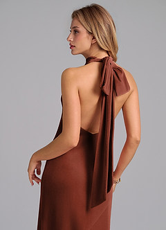 Azazie Velli Probar vestidos en casa Vestido de Terracota de terciopelo de Corte Sirena con Cuello Alto image2