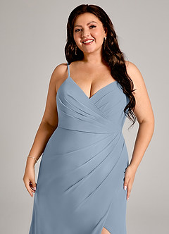 Azazie Maci Bridesmaid Dresses Dusty Blue Sheath Pleated Chiffon Dress image5