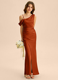 Azazie Madelyn Junior Osłona Zza ramienia Satyna elastyczna Długość podłogi Młodsza druhna Sukienka image4