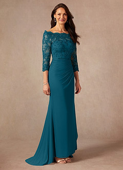Azazie Rhonda Mother of the Bride Dresses Ink Blue Mermaid Off the Shoulder Mesh Dress image6