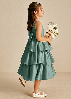 Azazie Margery Flower Girl Dresses Eucalyptus A-Line Bow Stretch Satin Dress image5