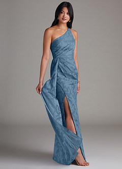 Azazie Mika Bridesmaid Dresses Steel Blue Sheath One Shoulder Floral Burnout Dress image2