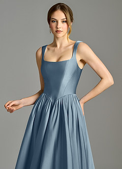 Azazie Verina At-home Try On Dresses Dusty Blue A-Line Pleated Stretch Satin Dress image2