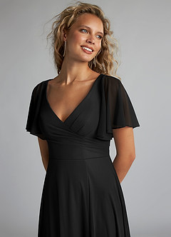 Azazie Induh Bridesmaid Dresses Black A-Line Flutter V-neck Mesh Dress image5