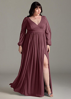 Azazie Norah Bridesmaid Dresses Sangria A-Line V-Neck Long Sleeve Chiffon Dress image9