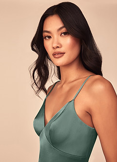 Azazie Dottie Final Sale Agave A-Line Stretch Satin Dress image6