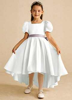Azazie Zippy Flower Girl Dresses Ivory Dusk A-Line with Sleeves Matte Satin Dress image2