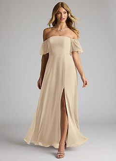 Azazie Sue Bridesmaid Dresses Champagne A-Line Off the Shoulder Chiffon Convertible Dress image1