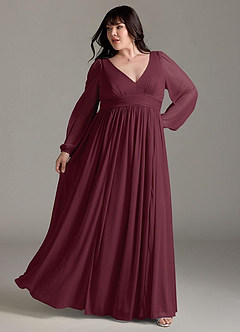 Azazie Norah Jurken voor bruidsmeisjes Jurk van Chiffon met A-Lijn V-hals lange mouw Cabernet image8