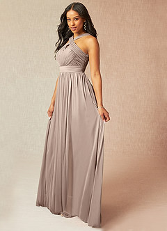 Azazie Hillian Bridesmaid Dresses Taupe A-Line Halter Pleated Mesh Dress image3
