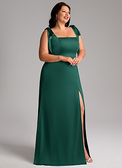Azazie Frostine Bridesmaid Dresses Emerald A-Line Bow Stretch Satin Dress image11