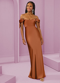 Barbie ♥ Azazie Jurken voor bruidsmeisjes Converteerbaar Jurk van Stretch Satijn met Kolom Off the Shoulder Koper image10