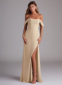 Azazie Saige Bridesmaid Dresses Champagne A-Line Off the Shoulder Chiffon Convertible Dress image1