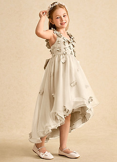Azazie Tweety Robe Demoiselle D'honneur Fillette Robe Trapèze en Tulle Dentelle Champagne image1