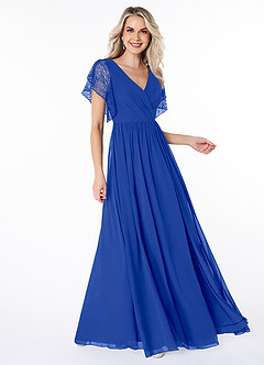 Azazie Zella Robes de demoiselle d'honneur Robe Trapèze en Mousseline de soie Dentelle Bleu Roi image3
