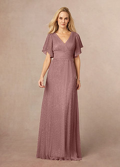 Azazie Kathryn Mother of the Bride Dresses Dusty Rose A-Line V-Neck Flutter Sleeve Metallic Mesh Dress image1
