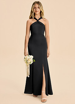 Azazie Rue Junior Black Mermaid Pleated Stretch Satin Dress image4