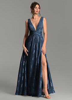 Azazie Vanessa At-home Try On Dresses Dark Navy A-Line Pleated Floral Jacquard Burnout Dress image1