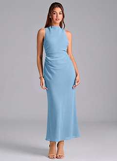 Azazie Evadne Brautjungfernkleider Etui Plissee Chiffon Kleid Stahlblau image3