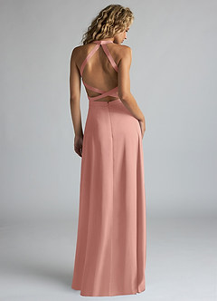 Azazie Clarice Bridesmaid Dresses Rosette A-Line High Neck Stretch Satin Dress image3