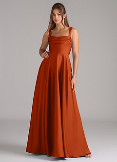 Azazie Shaude Vestidos de damas de honor Vestido de Naranja Quemada de Satén Elástico de Corte en A con Plisado image1