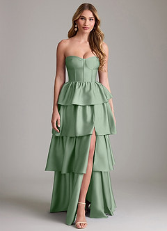 Azazie Faye Bridesmaid Dresses Matcha A-Line Ruched Stretch Satin Dress image1