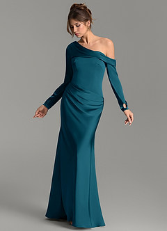 Azazie Sandra Bridesmaid Dresses Ink Blue Mermaid Long Sleeve Stretch Satin Dress image3