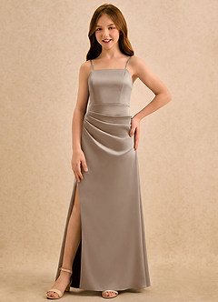 Azazie Cannoli Girls Formal Flower Girl Dresses Taupe A-Line Pleated Stretch Satin Dress image5