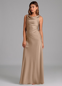 Azazie Nerine Bridesmaid Dresses Taupe A-Line Pleated Stretch Satin Dress image1