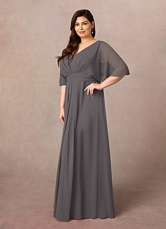 Azazie Oksana vestidos de madre de la novia Vestido de Gris Acero de Gasa de Corte En A con Cuello en V Plisado image8