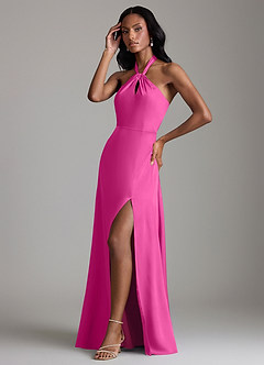 Azazie Tracie Bridesmaid Dresses Fuchsia A-Line Side Slit Stretch Satin Dress image4