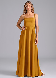 Azazie Elita Bridesmaid Dresses Butterscotch A-Line Pleated Stretch Satin Dress image1
