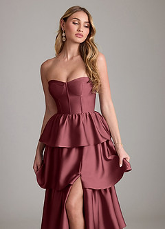 Azazie Faye Bridesmaid Dresses Merlot A-Line Ruched Stretch Satin Dress image5