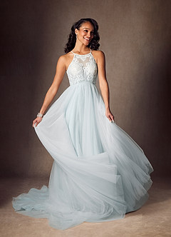 Azazie Odell At-home Try On Dresses Misty Blue A-Line Halter Sequins Tulle Dress image2