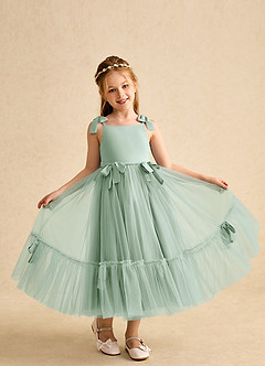 Azazie Jaci Flower Girl Dresses Agave A-Line Spaghetti Strap Chiffon Dress image4