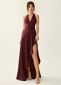 Titania Wine Satin V-neck Ruffled Prom Dress image3