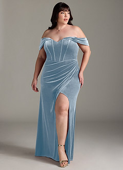 Azazie Jas Bridesmaid Dresses Dusty Blue Sheath Off-The-Shoulder Corset Velvet Convertible Dress image9