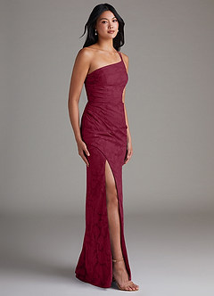 Azazie Eren Bridesmaid Dresses Burgundy Sheath One Shoulder Floral Burnout Dress image3