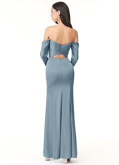 Azazie Hallie Bridesmaid Dresses Dusty Blue Sheath Off-The-Shoulder Long Sleeve Stretch Satin Convertible Dress image4