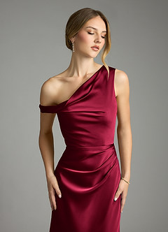Azazie Emerson Bridesmaid Dresses Burgundy Mermaid Off the Shoulder Stretch Satin Dress image2