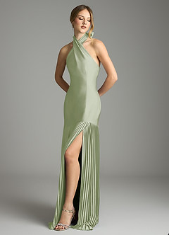 Azazie Nayeli Jurken voor bruidsmeisjes Jurk van Stretch Satijn met A-Lijn Geplooid Stoffige Salie image4