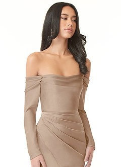 Azazie Hallie Bridesmaid Dresses Taupe Sheath Off-The-Shoulder Long Sleeve Stretch Satin Convertible Dress image1
