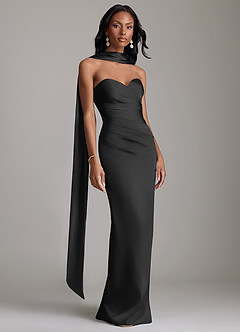 Azazie Jasmyn Bridesmaid Dresses Black Sheath Strapless Stretch Satin Dress image5